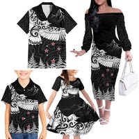 New Zealand Kea Bird Family Matching Off The Shoulder Long Sleeve Dress and Hawaiian Shirt Maori Tattoo and Silver Fern Black Color LT03 - Polynesian Pride