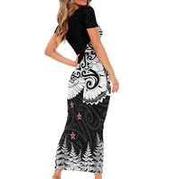 New Zealand Kea Bird Family Matching Short Sleeve Bodycon Dress and Hawaiian Shirt Maori Tattoo and Silver Fern Black Color LT03 - Polynesian Pride