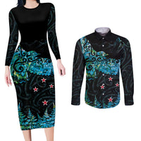 New Zealand Kea Bird Couples Matching Long Sleeve Bodycon Dress and Long Sleeve Button Shirt Maori Tattoo and Silver Fern Paua Shell Style