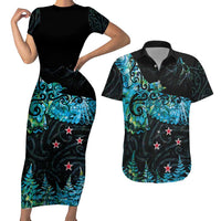 New Zealand Kea Bird Couples Matching Short Sleeve Bodycon Dress and Hawaiian Shirt Maori Tattoo and Silver Fern Paua Shell Style LT03 Black - Polynesian Pride