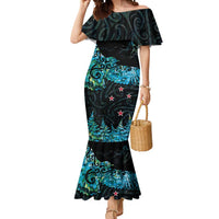 New Zealand Kea Bird Mermaid Dress Maori Tattoo and Silver Fern Paua Shell Style LT03 Women Black - Polynesian Pride