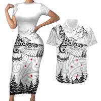 New Zealand Kea Bird Couples Matching Short Sleeve Bodycon Dress and Hawaiian Shirt Maori Tattoo and Silver Fern White Color LT03 White - Polynesian Pride