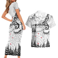 New Zealand Kea Bird Couples Matching Short Sleeve Bodycon Dress and Hawaiian Shirt Maori Tattoo and Silver Fern White Color LT03 - Polynesian Pride