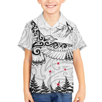 New Zealand Kea Bird Family Matching Off The Shoulder Long Sleeve Dress and Hawaiian Shirt Maori Tattoo and Silver Fern White Color LT03 Son's Shirt White - Polynesian Pride