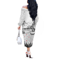 New Zealand Kea Bird Off The Shoulder Long Sleeve Dress Maori Tattoo and Silver Fern White Color LT03 - Polynesian Pride