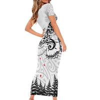 New Zealand Kea Bird Short Sleeve Bodycon Dress Maori Tattoo and Silver Fern White Color LT03 - Polynesian Pride