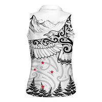 New Zealand Kea Bird Women Sleeveless Polo Shirt Maori Tattoo and Silver Fern White Color