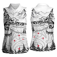 New Zealand Kea Bird Women Sleeveless Polo Shirt Maori Tattoo and Silver Fern White Color