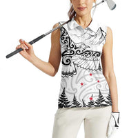 New Zealand Kea Bird Women Sleeveless Polo Shirt Maori Tattoo and Silver Fern White Color