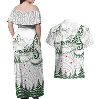 New Zealand Kea Bird Couples Matching Off Shoulder Maxi Dress and Hawaiian Shirt Maori Tattoo and Silver Fern Green Color LT03 - Polynesian Pride