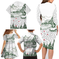 New Zealand Kea Bird Family Matching Long Sleeve Bodycon Dress and Hawaiian Shirt Maori Tattoo and Silver Fern Green Color LT03 - Polynesian Pride