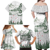 New Zealand Kea Bird Family Matching Off Shoulder Maxi Dress and Hawaiian Shirt Maori Tattoo and Silver Fern Green Color LT03 - Polynesian Pride