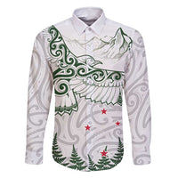 New Zealand Kea Bird Family Matching Off Shoulder Maxi Dress and Hawaiian Shirt Maori Tattoo and Silver Fern Green Color LT03 Dad's Shirt - Long Sleeve White - Polynesian Pride