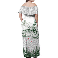 New Zealand Kea Bird Family Matching Off Shoulder Maxi Dress and Hawaiian Shirt Maori Tattoo and Silver Fern Green Color LT03 - Polynesian Pride