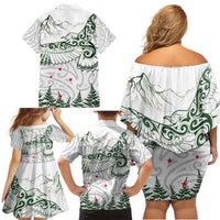 New Zealand Kea Bird Family Matching Off Shoulder Short Dress and Hawaiian Shirt Maori Tattoo and Silver Fern Green Color LT03 - Polynesian Pride