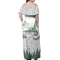 New Zealand Kea Bird Off Shoulder Maxi Dress Maori Tattoo and Silver Fern Green Color LT03 - Polynesian Pride