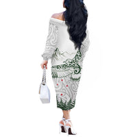 New Zealand Kea Bird Off The Shoulder Long Sleeve Dress Maori Tattoo and Silver Fern Green Color LT03 - Polynesian Pride