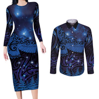 New Zealand Kea Bird Couples Matching Long Sleeve Bodycon Dress and Long Sleeve Button Shirt Maori Tattoo and Silver Fern Matariki Style LT03 Blue - Polynesian Pride