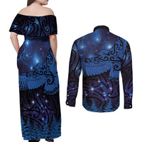 New Zealand Kea Bird Couples Matching Off Shoulder Maxi Dress and Long Sleeve Button Shirt Maori Tattoo and Silver Fern Matariki Style LT03 - Polynesian Pride
