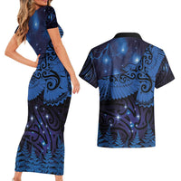New Zealand Kea Bird Couples Matching Short Sleeve Bodycon Dress and Hawaiian Shirt Maori Tattoo and Silver Fern Matariki Style LT03 - Polynesian Pride