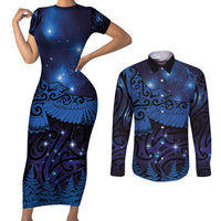 New Zealand Kea Bird Couples Matching Short Sleeve Bodycon Dress and Long Sleeve Button Shirt Maori Tattoo and Silver Fern Matariki Style LT03 Blue - Polynesian Pride