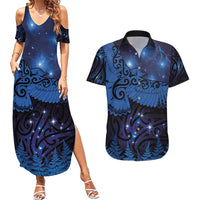 New Zealand Kea Bird Couples Matching Summer Maxi Dress and Hawaiian Shirt Maori Tattoo and Silver Fern Matariki Style LT03 Blue - Polynesian Pride