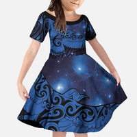 New Zealand Kea Bird Family Matching Mermaid Dress and Hawaiian Shirt Maori Tattoo and Silver Fern Matariki Style LT03 Daughter's Dress Blue - Polynesian Pride