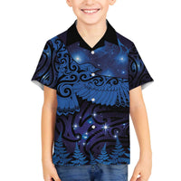New Zealand Kea Bird Family Matching Off The Shoulder Long Sleeve Dress and Hawaiian Shirt Maori Tattoo and Silver Fern Matariki Style LT03 Son's Shirt Blue - Polynesian Pride