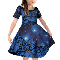 New Zealand Kea Bird Family Matching Off Shoulder Short Dress and Hawaiian Shirt Maori Tattoo and Silver Fern Matariki Style LT03 Daughter's Dress Blue - Polynesian Pride