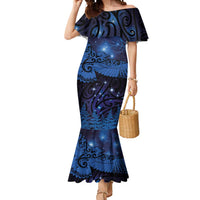 New Zealand Kea Bird Mermaid Dress Maori Tattoo and Silver Fern Matariki Style LT03 Women Blue - Polynesian Pride