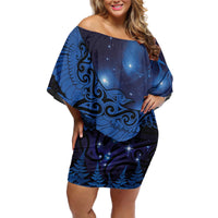 New Zealand Kea Bird Off Shoulder Short Dress Maori Tattoo and Silver Fern Matariki Style LT03 Women Blue - Polynesian Pride