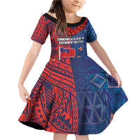 CHOGM FAST Samoa 2024 Family Matching Off Shoulder Short Dress and Hawaiian Shirt Samoan Tapa Tribal and Ornament Pattern with Hibiscus LT03 Daughter's Dress Blue - Polynesian Pride