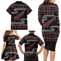 New Zealand Christmas Family Matching Long Sleeve Bodycon Dress and Hawaiian Shirt Meri Kirihimete Silver Fern Knit Style Red Color LT03 - Polynesian Pride