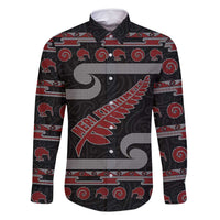 New Zealand Christmas Family Matching Long Sleeve Bodycon Dress and Hawaiian Shirt Meri Kirihimete Silver Fern Knit Style Red Color LT03 Dad's Shirt - Long Sleeve Red - Polynesian Pride