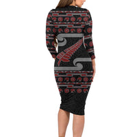New Zealand Christmas Family Matching Long Sleeve Bodycon Dress and Hawaiian Shirt Meri Kirihimete Silver Fern Knit Style Red Color LT03 - Polynesian Pride