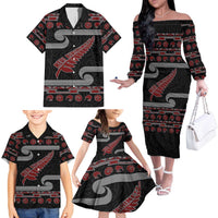 New Zealand Christmas Family Matching Off The Shoulder Long Sleeve Dress and Hawaiian Shirt Meri Kirihimete Silver Fern Knit Style Red Color - Polynesian Pride