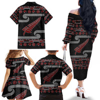 New Zealand Christmas Family Matching Off The Shoulder Long Sleeve Dress and Hawaiian Shirt Meri Kirihimete Silver Fern Knit Style Red Color - Polynesian Pride