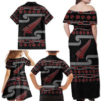 New Zealand Christmas Family Matching Off Shoulder Maxi Dress and Hawaiian Shirt Meri Kirihimete Silver Fern Knit Style Red Color LT03 - Polynesian Pride