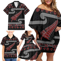 New Zealand Christmas Family Matching Off Shoulder Short Dress and Hawaiian Shirt Meri Kirihimete Silver Fern Knit Style Red Color LT03 - Polynesian Pride