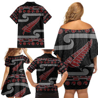 New Zealand Christmas Family Matching Off Shoulder Short Dress and Hawaiian Shirt Meri Kirihimete Silver Fern Knit Style Red Color LT03 - Polynesian Pride