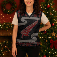 New Zealand Christmas Knitted V-Neck Vest Meri Kirihimete Silver Fern Knit Style Red Color LT03 - Polynesian Pride