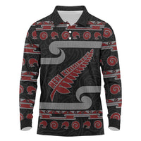 New Zealand Christmas Long Sleeve Polo Shirt Meri Kirihimete Silver Fern Knit Style Red Color - Polynesian Pride