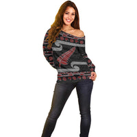 New Zealand Christmas Off Shoulder Sweater Meri Kirihimete Silver Fern Knit Style Red Color LT03 - Polynesian Pride