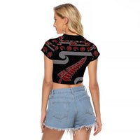 New Zealand Christmas Raglan Cropped T Shirt Meri Kirihimete Silver Fern Knit Style Red Color - Polynesian Pride