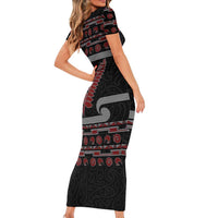 New Zealand Christmas Short Sleeve Bodycon Dress Meri Kirihimete Silver Fern Knit Style Red Color LT03 - Polynesian Pride