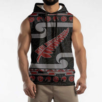 New Zealand Christmas Sleeveless Hoodie Meri Kirihimete Silver Fern Knit Style Red Color - Polynesian Pride