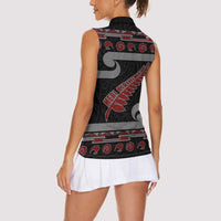 New Zealand Christmas Women Sleeveless Polo Shirt Meri Kirihimete Silver Fern Knit Style Red Color - Polynesian Pride