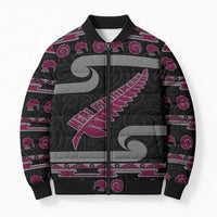 New Zealand Christmas Bomber Puffer Jacket Meri Kirihimete Silver Fern Knit Style Pink Color - Polynesian Pride