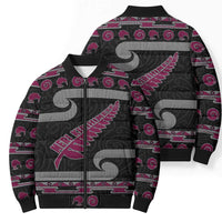 New Zealand Christmas Bomber Puffer Jacket Meri Kirihimete Silver Fern Knit Style Pink Color - Polynesian Pride