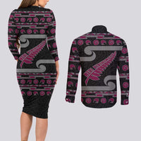 New Zealand Christmas Couples Matching Long Sleeve Bodycon Dress and Long Sleeve Button Shirt Meri Kirihimete Silver Fern Knit Style Pink Color - Polynesian Pride